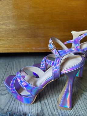 Purple Holographic Platform High Heel Sandals with Ankle Strap